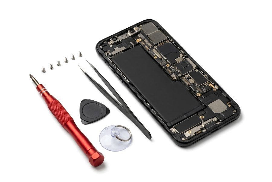 Open phone with repair tools