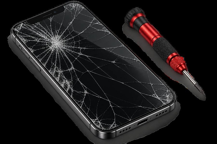 Phone with a cracked screen and a screwdriver