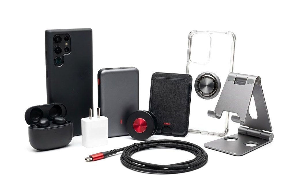 Phone case, power bank, earbuds, charger and cable
